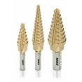 thumbnail image 1 of Neiko 10193A Titanium Step Bits, Unibit Set, 28 Sizes, High Speed Steel, Standard (SAE) Step Drill Bit Set, Step Bits for Metal. Industrial Unibit Straight Tri-Flat Shank 1/8 to 3/4", 1 of 6