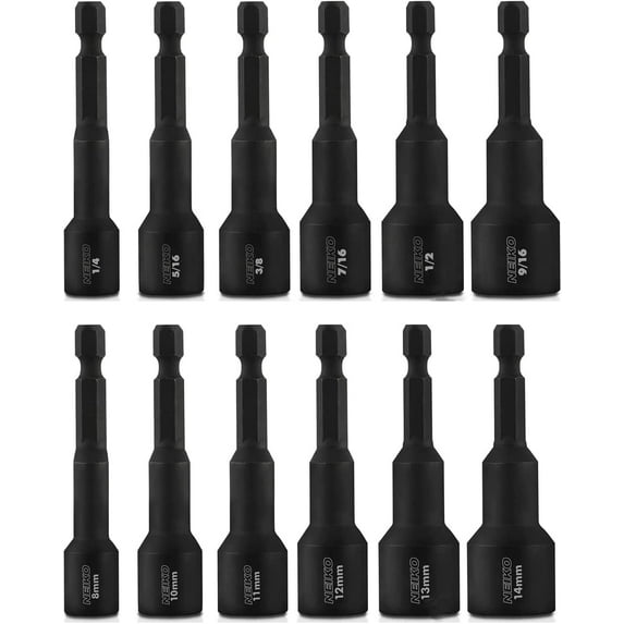 Neiko 10250A Magnetic Hex Impact Nut Driver Set, 12-Piece Driver Bit Set for Drill, Cr-V Steel, 1/4" Quick-Change Hex Shank Nutsetters, Impact Rated SAE & Metric Master Impact Driver Socket Set