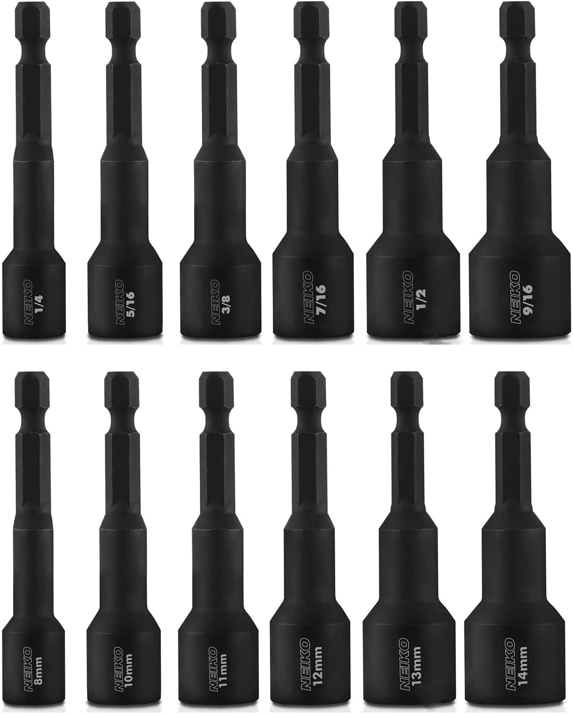 Neiko 10250A Magnetic Hex Impact Nut Driver Set, 12-Piece Driver Bit Set for Drill, Cr-V Steel, 1/4" Quick-Change Hex Shank Nutsetters, Impact Rated SAE & Metric Master Impact Driver Socket Set