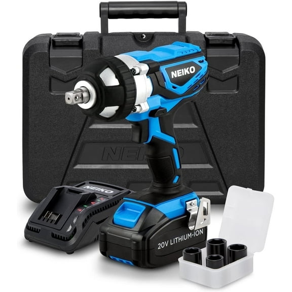 Neiko 10878A 1/2-Inch-Drive High-Torque Cordless Electric Impact-Wrench Kit with 20-Volt Lithium-Ion Charging Battery and 4 1/2-Inch-Drive Sockets
