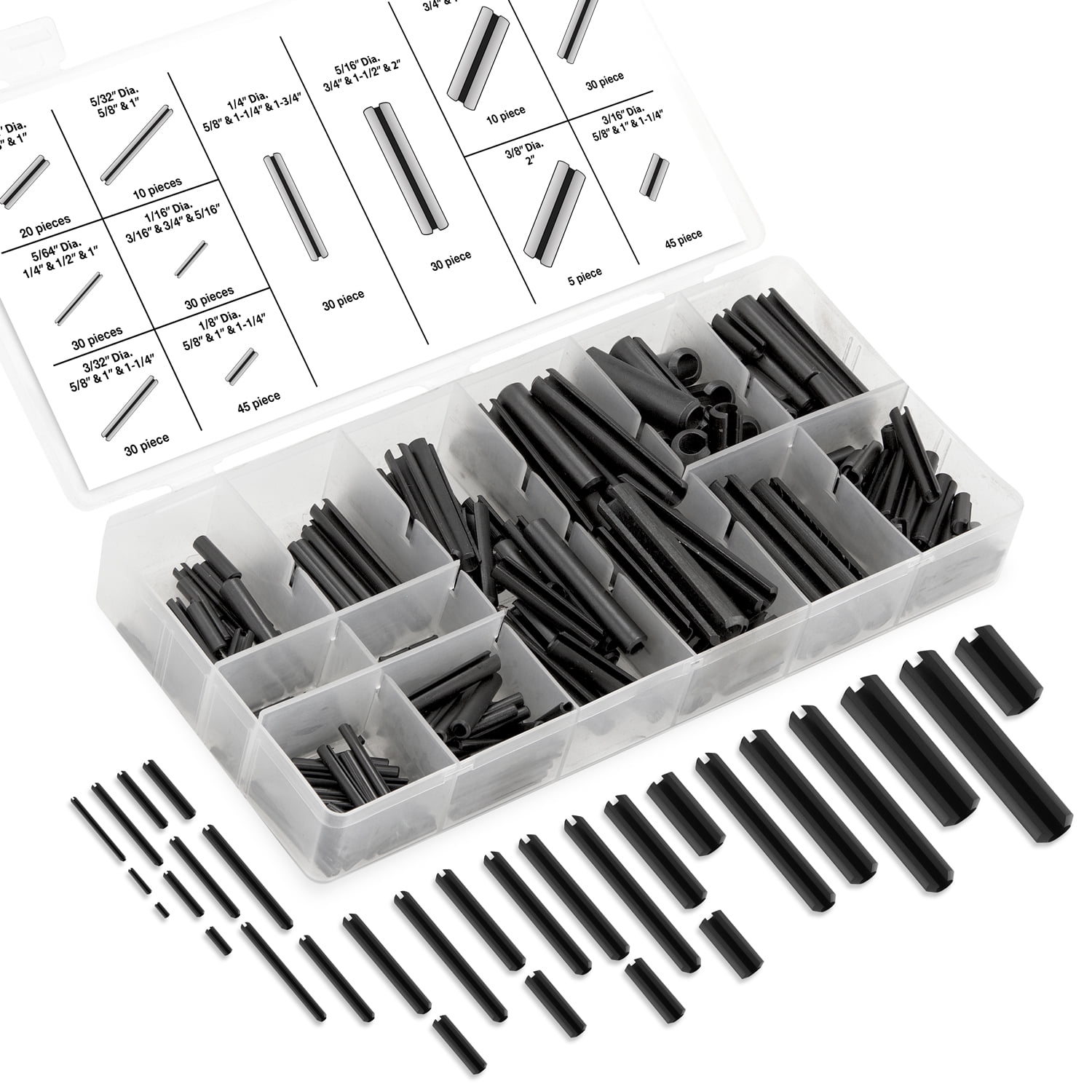 Neiko 50412A Roll Pin Assortment Set with Storage Case 315 Pieces SAE Slotted Spring Steel