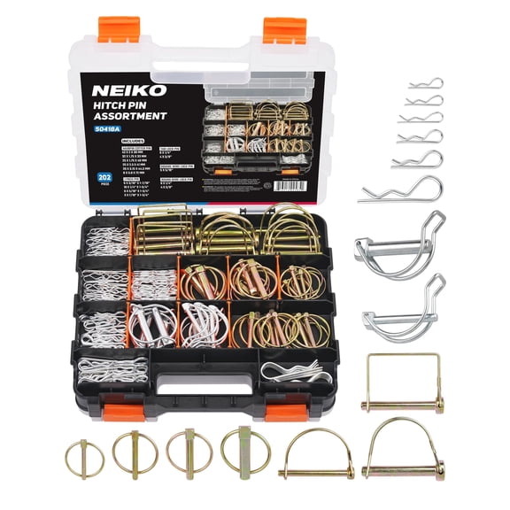 Neiko 50418A Trailer Hitch Pin Clip Set, 202 Pc O-Ring Locking Trailer Pin Clips, Zinc Plated, Steel Square Tractor, Double Line, Linch, PTO and Hairpin Cotter Pins