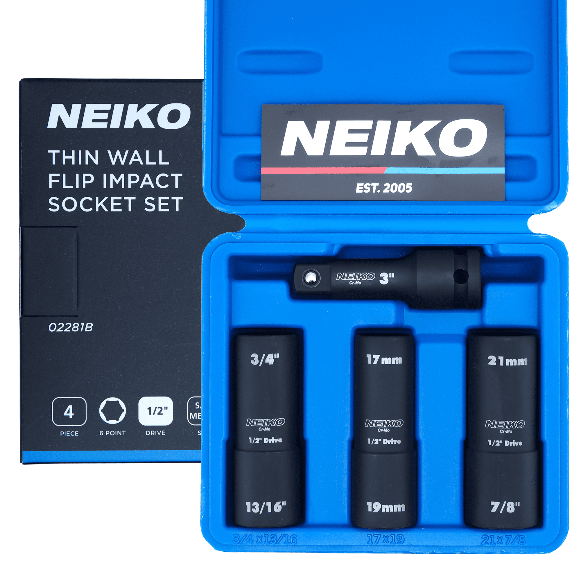 NEIKO 02281B 1/2" Drive Impact Flip Socket Set, Thin Wall Socket, 4 Piece Lug Nut Impact Socket Set, SAE and MM, 3” Extension Bar, Cr-Mo Steel, Impact Lug Nut Socket Set