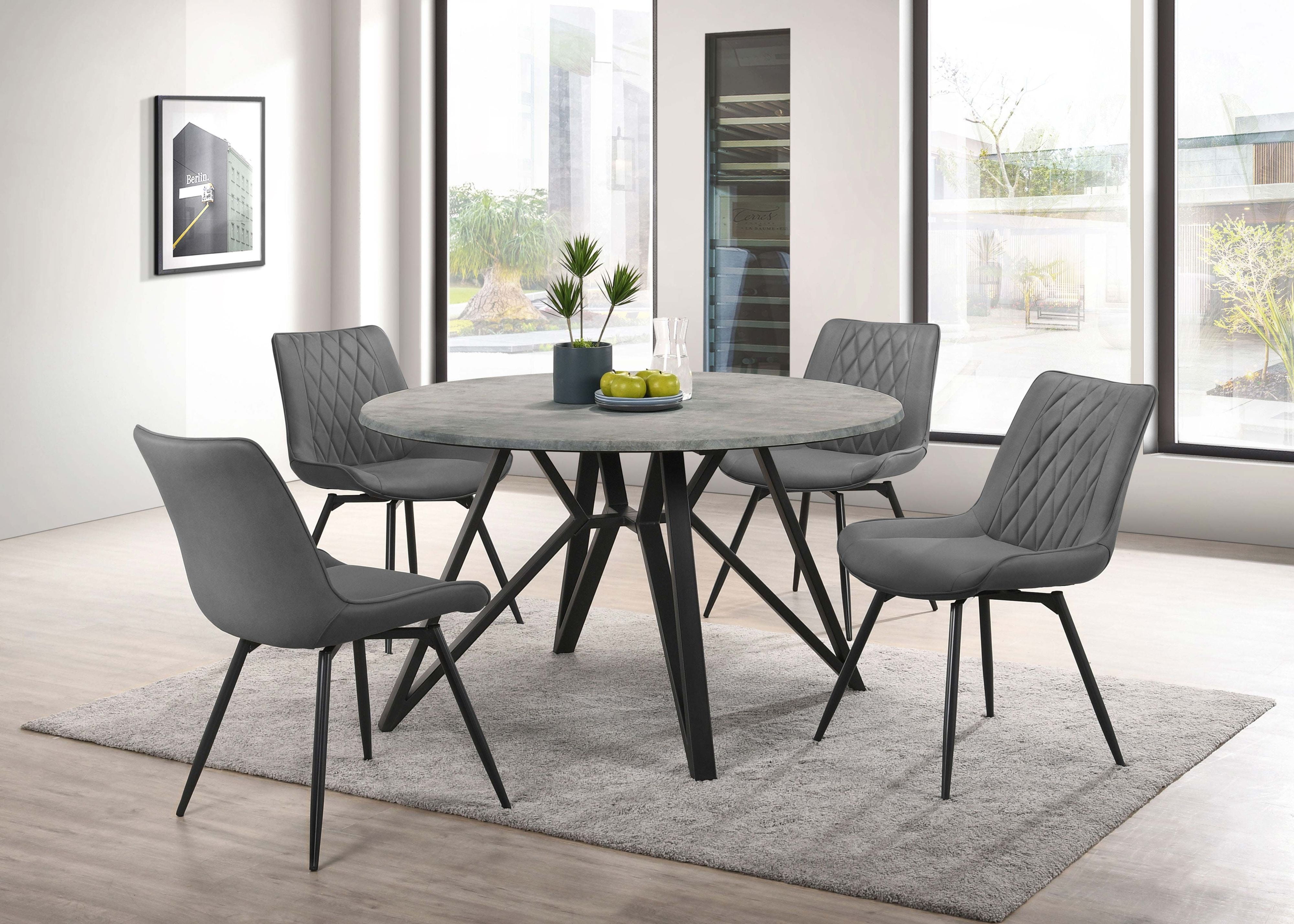Gray Faux Marble Round Dining Table with Gunmetal Iron Base and 4 Quilted Fabric Chairs