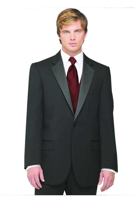 7-Piece Formal Tuxedo with Flat Front Pants, Shirt, Burgundy Vest, Tie & Cuff Links. Prom, Wedding, Cruise