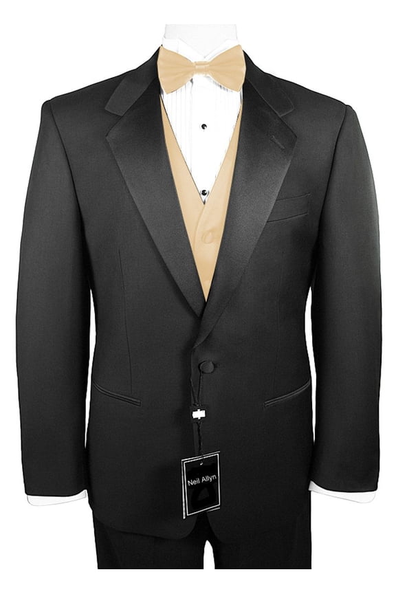 7-Piece Formal Tuxedo with Flat Front Pants, Shirt, Champagne Vest, Bow-Tie & Cuff Links. Prom, Wedding, Cruise