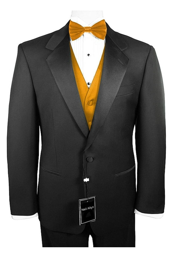 7-Piece Formal Tuxedo with Flat Front Pants, Shirt, Honey Gold Vest, Bow-Tie & Cuff Links. Prom, Wedding, Cruise