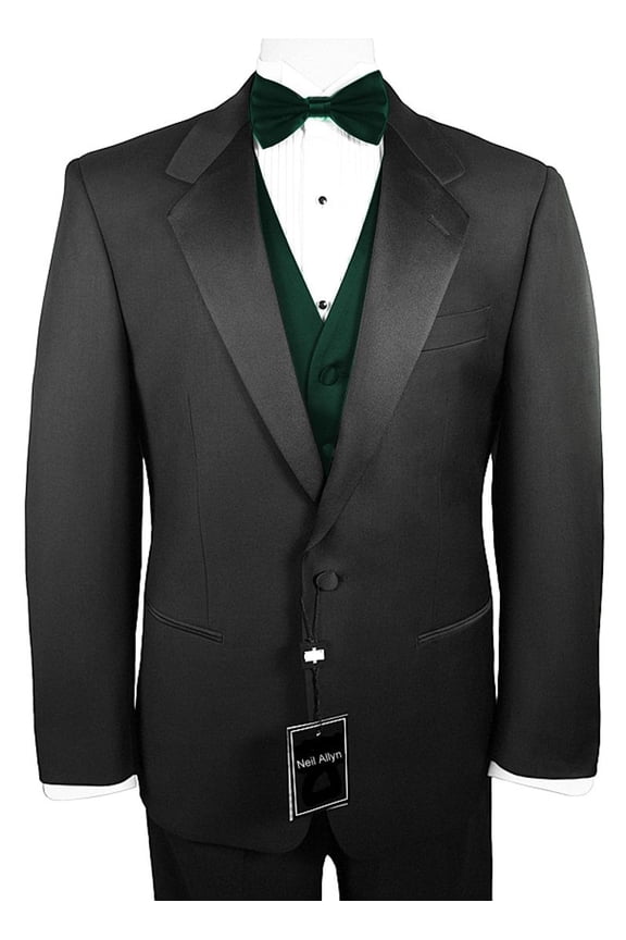 7-Piece Formal Tuxedo with Flat Front Pants, Shirt, Hunter Green Vest, Bow-Tie & Cuff Links. Prom, Wedding, Cruise