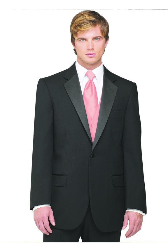 7-Piece Formal Tuxedo with Flat Front Pants, Shirt, Pink Vest, Tie & Cuff Links. Prom, Wedding, Cruise