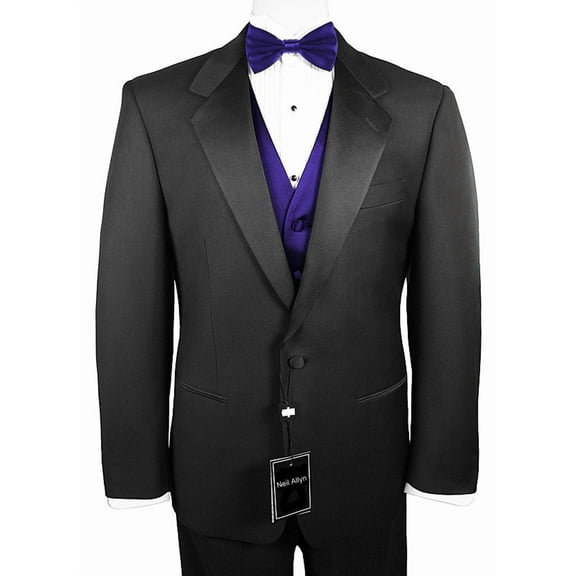 Neil Allyn 7-Piece Formal Tuxedo with Flat Front Pants, Shirt, Purple Vest, Bow-Tie & Cuff Links. Prom, Wedding, Cruise