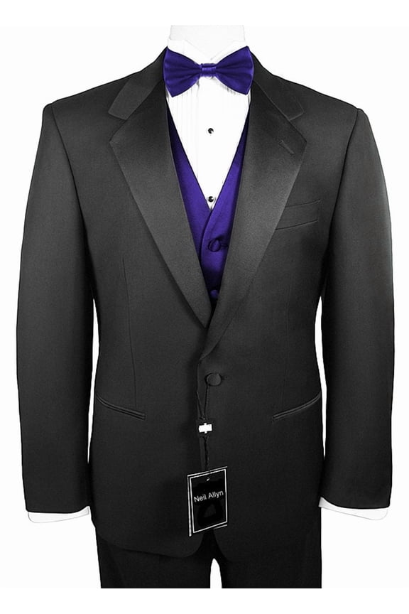7-Piece Formal Tuxedo with Flat Front Pants, Shirt, Purple Vest, Bow-Tie & Cuff Links. Prom, Wedding, Cruise
