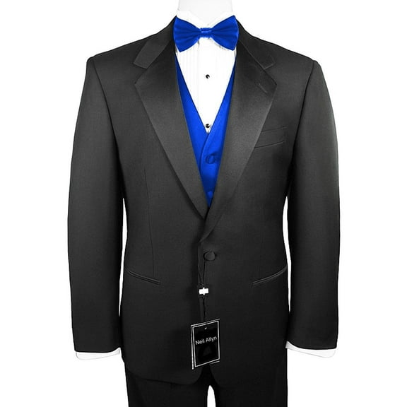 Neil Allyn 7-Piece Formal Tuxedo with Flat Front Pants, Shirt, Royal Blue Vest, Bow-Tie & Cuff Links. Prom, Wedding, Cruise