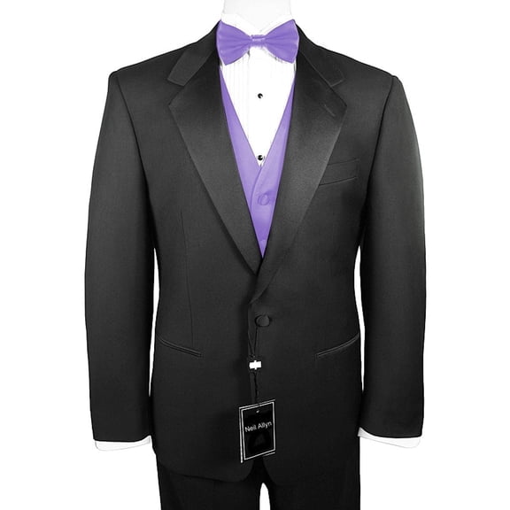 Men's 7-Piece Formal Tuxedo with Flat Front Pants, Shirt, Lavender Vest, Bow Tie & Cuff Links. Prom, Wedding, Cruise