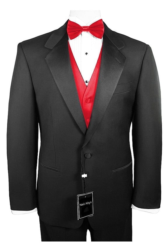 7-Piece Formal Tuxedo with Flat Front Pants, Shirt, Scarlet Vest, Bow-Tie & Cuff Links. Prom, Wedding, Cruise