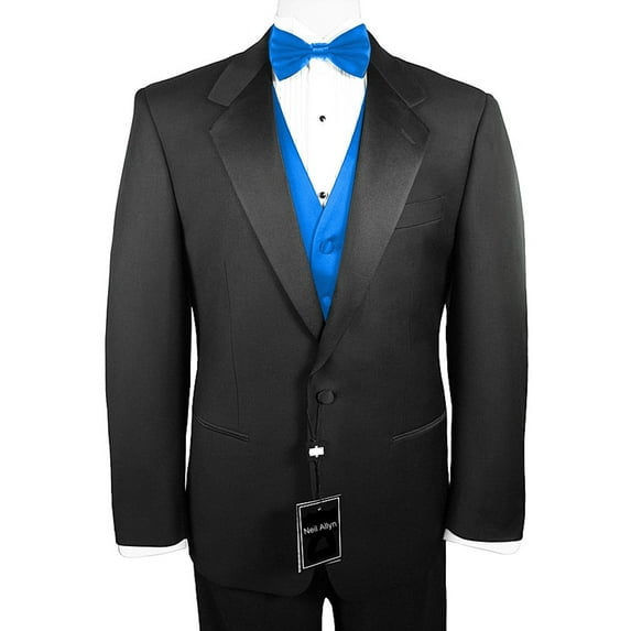 Neil Allyn 7-Piece Formal Tuxedo with Pleated Front Pants, Shirt, Blue Vest, Bow-Tie & Cuff Links. Prom, Wedding, Cruise