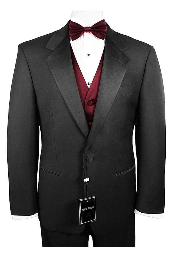 7-Piece Formal Tuxedo with Pleated Front Pants, Shirt, Burgundy Vest, Bow-Tie & Cuff Links. Prom, Wedding, Cruise
