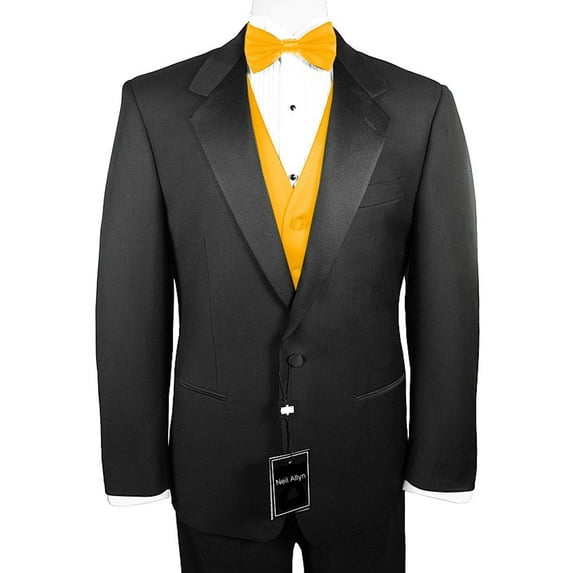 Neil Allyn 7-Piece Formal Tuxedo with Pleated Front Pants, Shirt, Gold Vest, Bow-Tie & Cuff Links. Prom, Wedding, Cruise