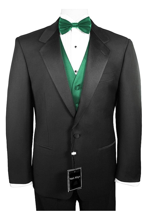 7-Piece Formal Tuxedo with Pleated Front Pants, Shirt, Green Vest, Bow-Tie & Cuff Links. Prom, Wedding, Cruise
