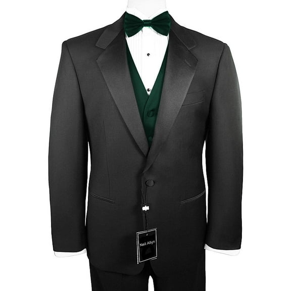 Neil Allyn 7-Piece Formal Tuxedo with Pleated Front Pants, Shirt, Hunter Green Vest, Bow-Tie & Cuff Links. Prom, Wedding, Cruise