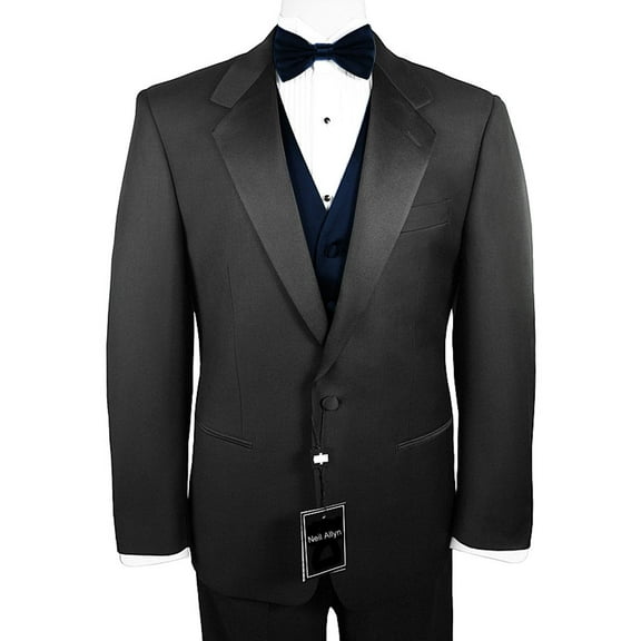 Neil Allyn 7-Piece Formal Tuxedo with Pleated Front Pants, Shirt, Navy Blue Vest, Bow-Tie & Cuff Links. Prom, Wedding, Cruise