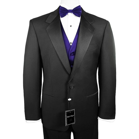 Neil Allyn 7-Piece Formal Tuxedo with Pleated Front Pants, Shirt, Purple Vest, Bow-Tie & Cuff Links. Prom, Wedding, Cruise