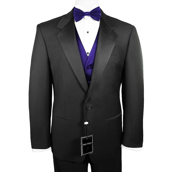 Neil Allyn 7-Piece Formal Tuxedo with Pleated Front Pants, Shirt, Purple Vest, Bow-Tie & Cuff Links. Prom, Wedding, Cruise