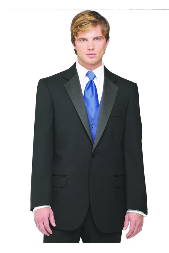7-Piece Formal Tuxedo with Pleated Front Pants, Shirt, Royal Blue Vest, Tie & Cuff Links. Prom, Wedding, Cruise