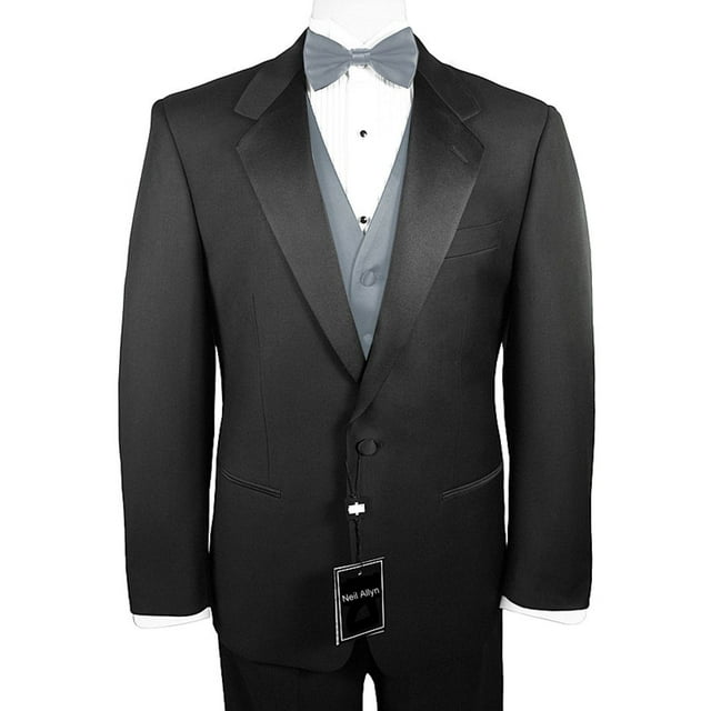 Neil Allyn 7-Piece Formal Tuxedo with Pleated Front Pants, Shirt, Silver Vest, Bow-Tie & Cuff Links. Prom, Wedding, Cruise