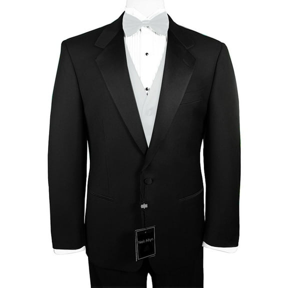 Neil Allyn 7-Piece Formal Tuxedo with Pleated Front Pants, Shirt, White Vest, Bow-Tie & Cuff Links. Prom, Wedding, Cruise