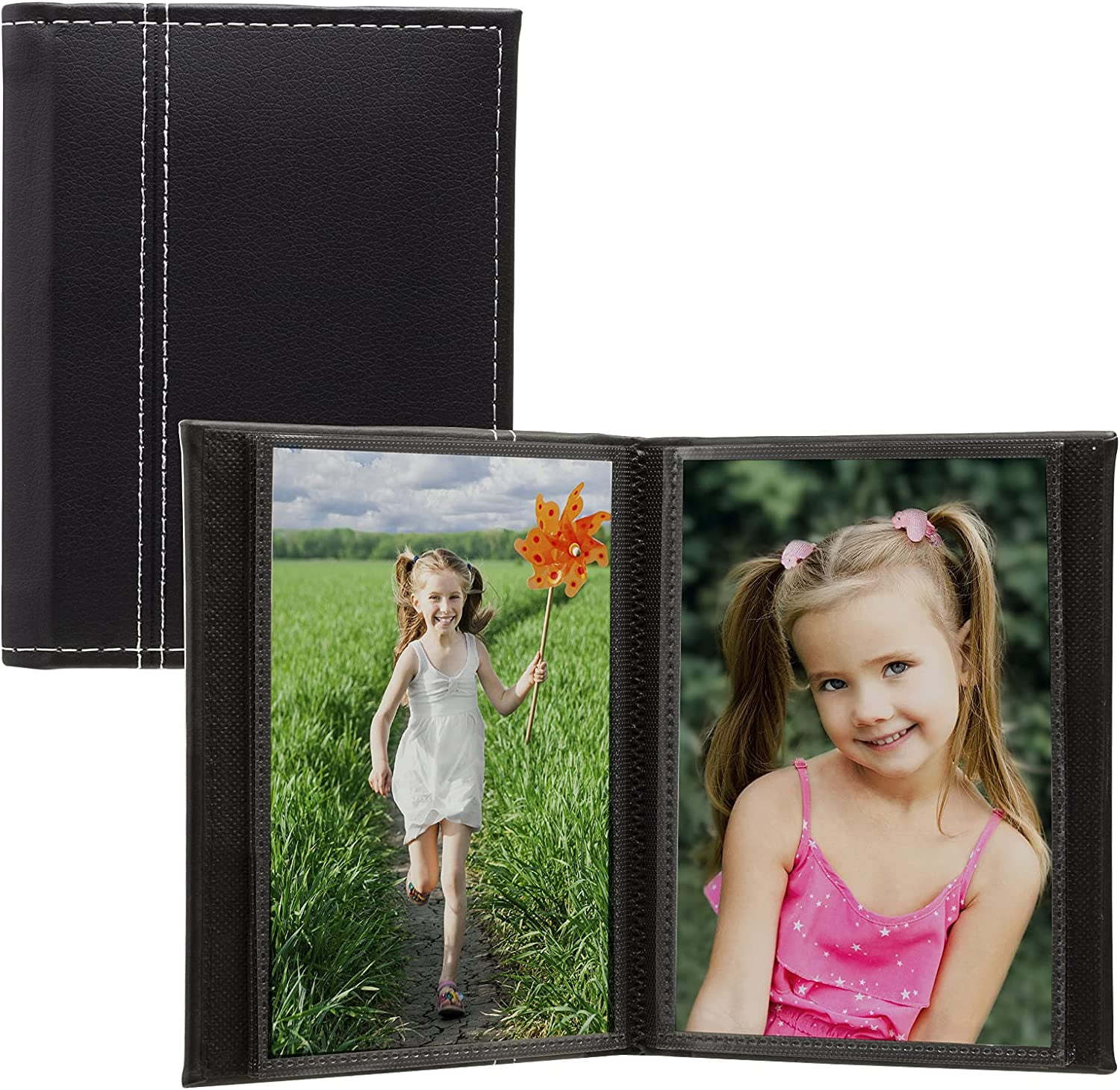 Black Faux Leather Photo Album with White Stitching, Holds 24 Photos