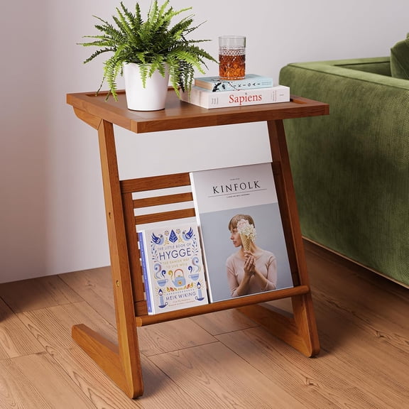 Neil Nightstand Mid Century Modern Side Table, Rubberwood Nightstand with Z Shaped Frame and L Storage Bars Stylish, End Table for Bedroom, Living Room or Office - Milk Chocolate