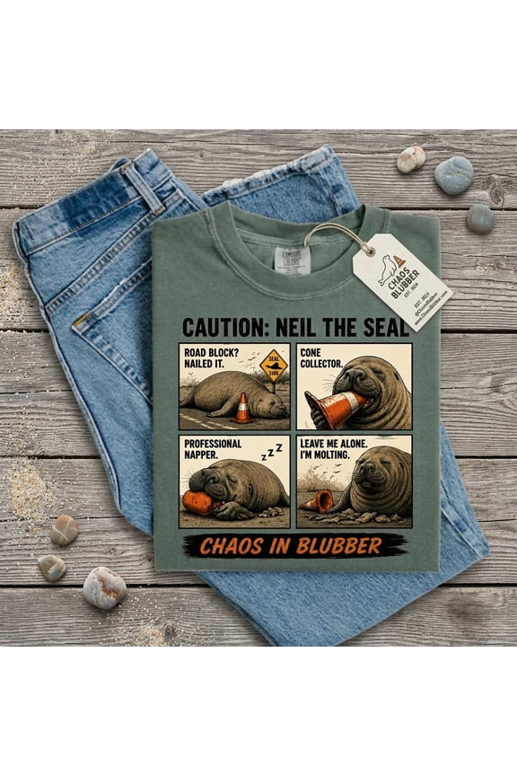 Neil The Seal T Shirt, Retro Sunset Funny Chaos In Blubber Shirt, Distressed Vintage Graphic Tee, Traffic Cone Animal Meme Gift for Friend