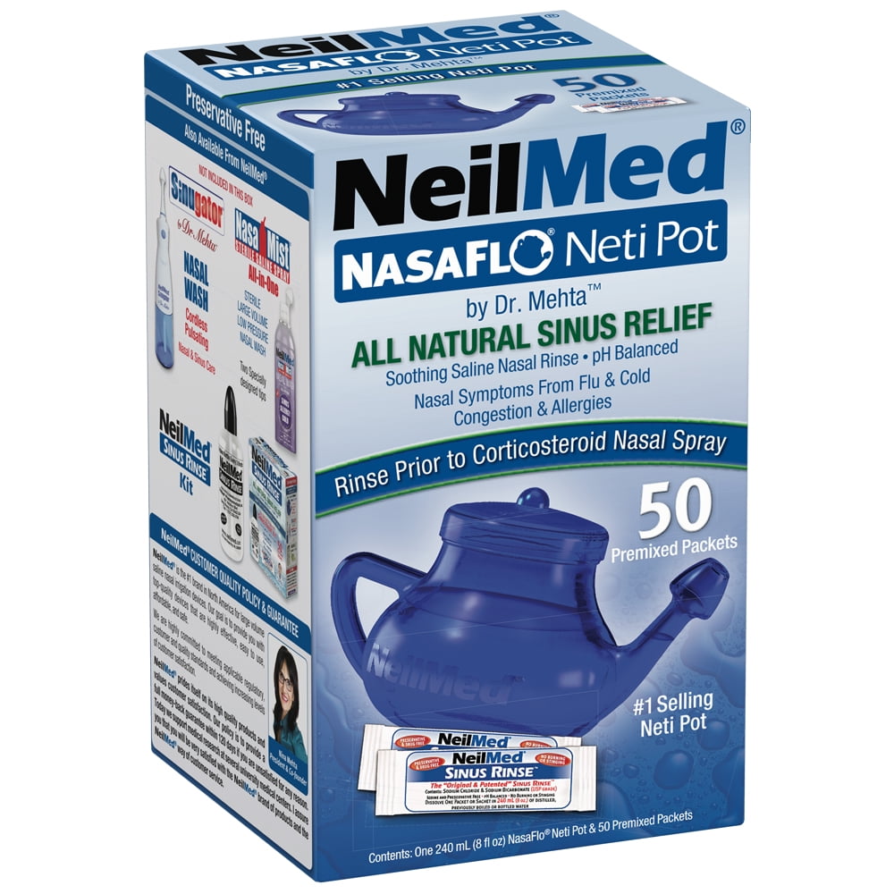 NeilMed NasaFlo Clear Neti-Pot Nasal Wash System with 50 Premixed Packets