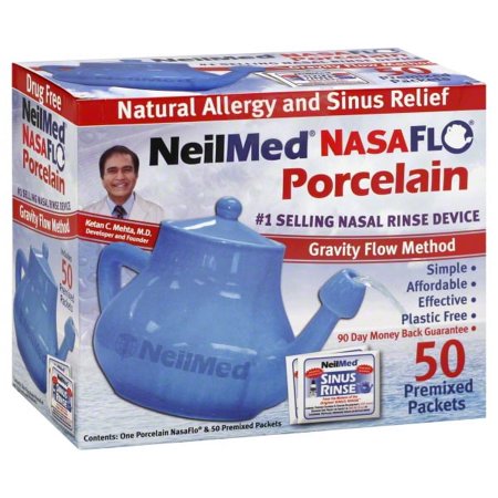 NeilMed NasaFlo Porcelain Neti Pot with 50 Premixed Packets