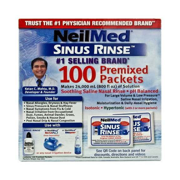 NeilMed Sinus Rinse Premixed Saline Packets – 100 Count, pH Balanced, Preservative-Free