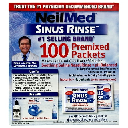 NeilMed Sinus Rinse Premixed Saline Packets – 100 Count, pH Balanced, Preservative-Free