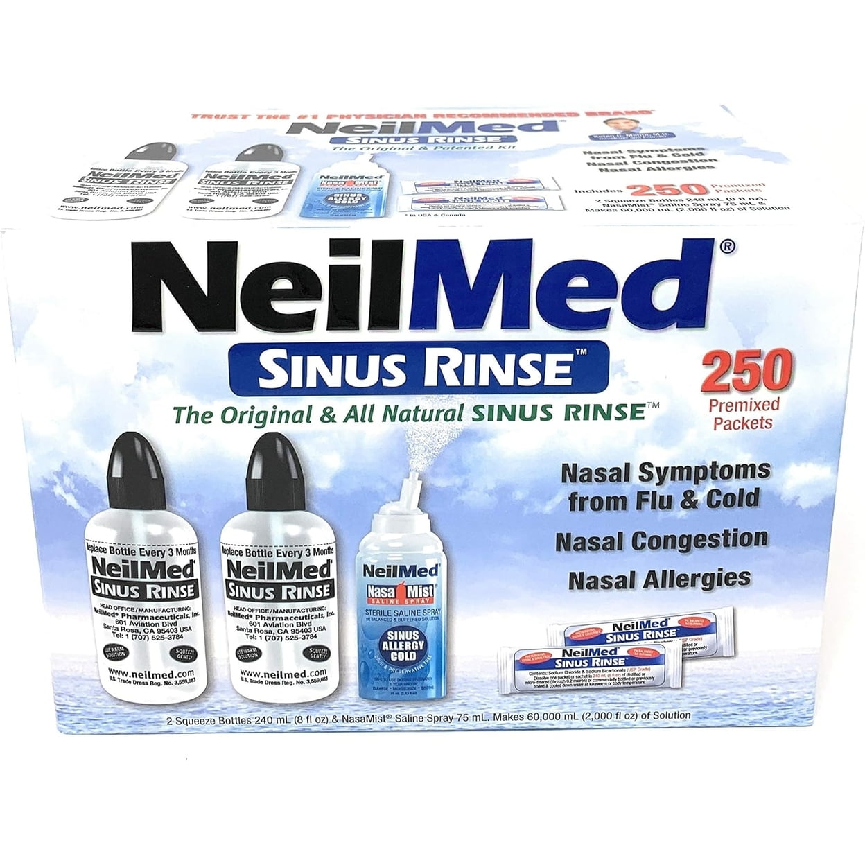 NeilMed Sinus Rinse - 2x8fl oz Bottles Nasamist Saline Spray 75mL - 250  packets 