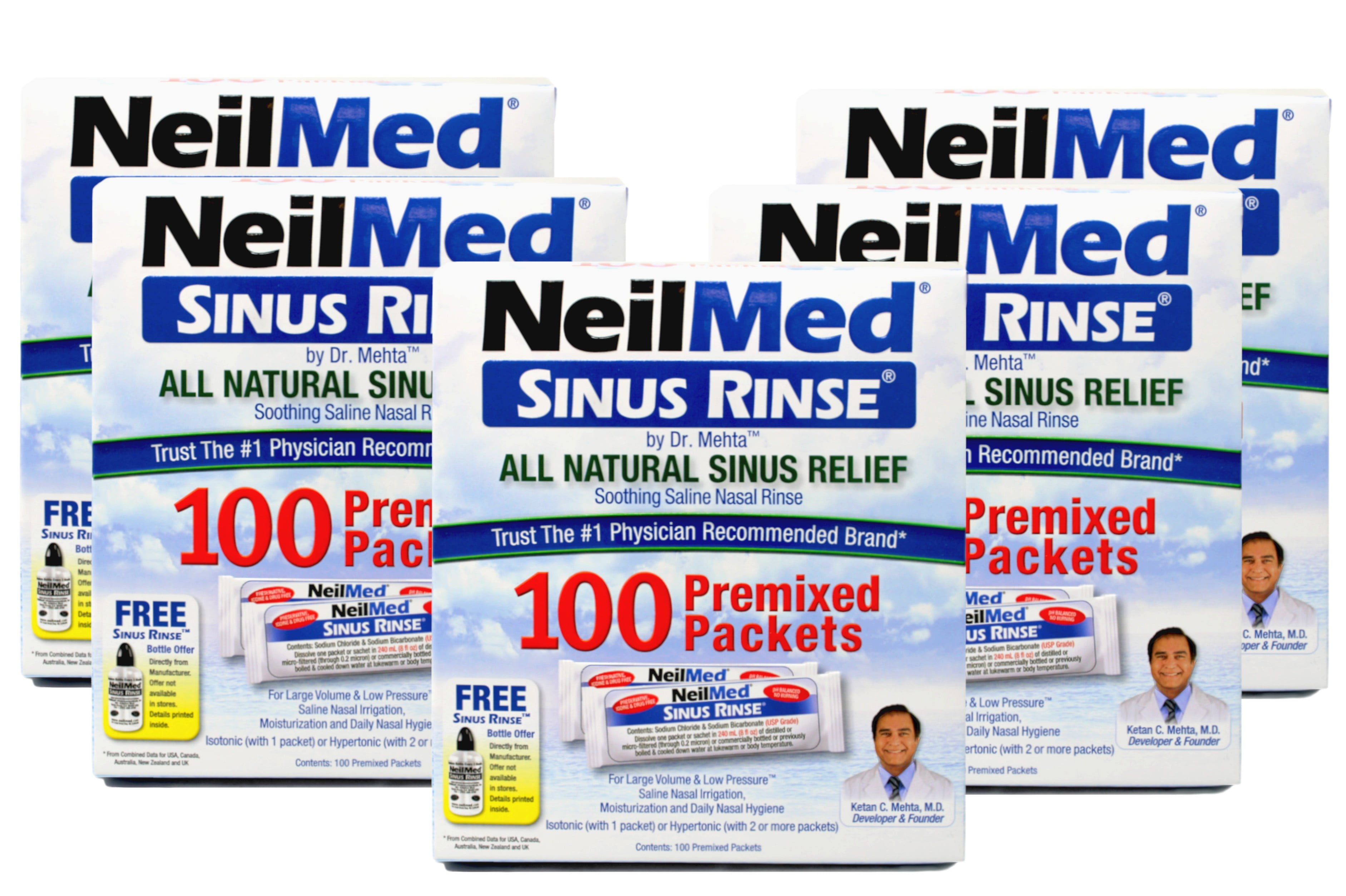5 Pack - NeilMed Sinus Rinse Premixed Refill Packets 100 Each