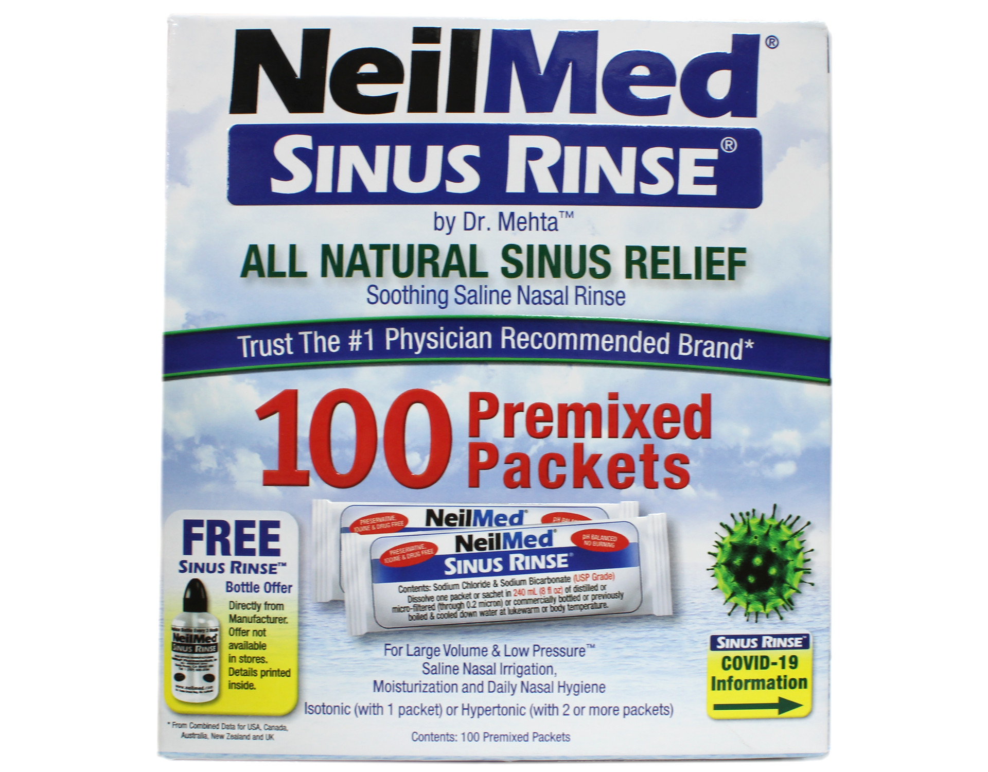 NeilMed Sinus Rinse Saline Solution Nose Wash, 100 Refill Packets ...