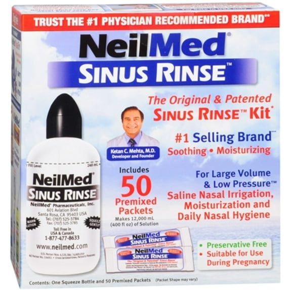Neilmed Sinus Rinse Kit with 1 bottle 8 oz and 50 premixed packets for nasal irrigation