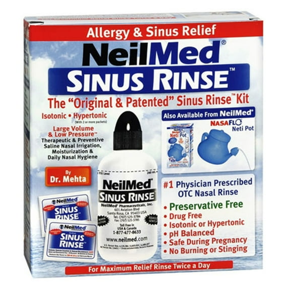 Neilmed Sinus Rinse Nasal Rinse Kit - Incl. 240 mL Rinse Bottle, Cap & Tube, 50 Mixture Packets, Brochure