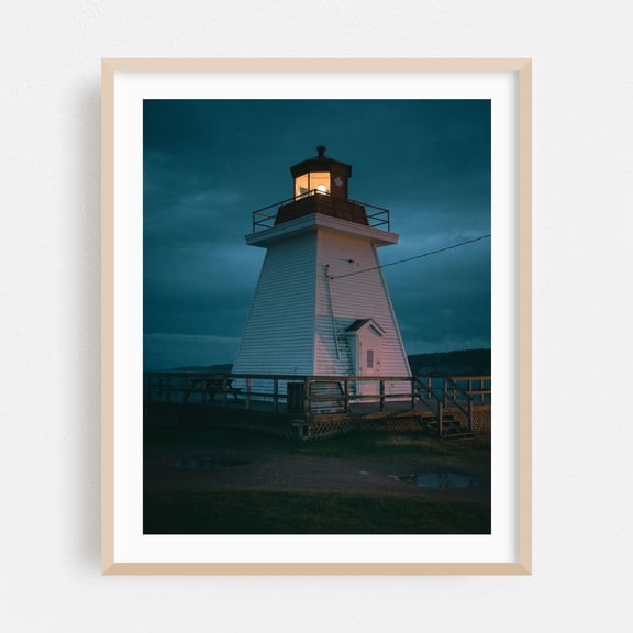 Neils Harbour Lighthouse - Neils Harbour Nova Scotia Canada Photography Lighthouse Coastal Night Sky Architecture Scenic Rustic Ocean Oak Framed Wall Art Print 6 x 8 inches