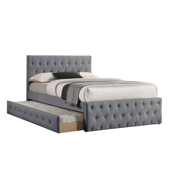 Nek Full Size Upholstered Bed with Twin Trundle Button Tufted Gray Burlap