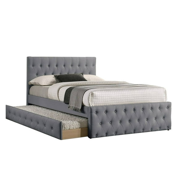 Nek Wood Twin Size Upholstered Bed with Trundle Tufted Gray Burlap