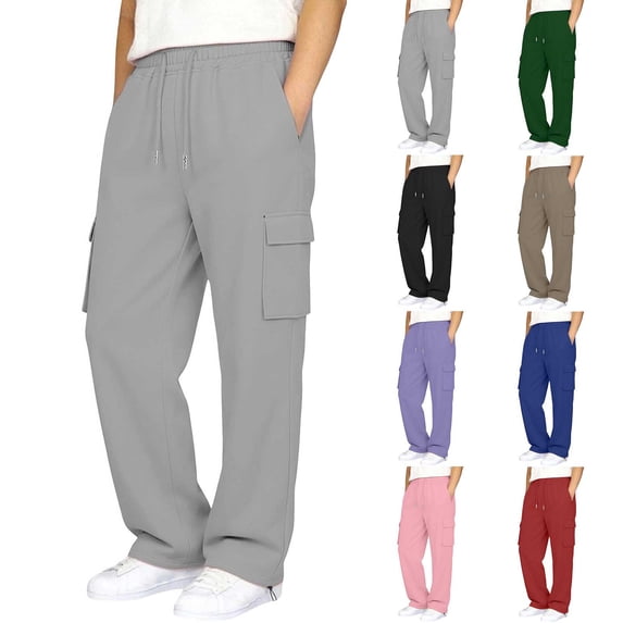Nekdswn Boys Cargo Sweatpants 4‑15 Years Kids Fleece Lined Wide Leg Loose Pants Casual Elastic Drawstring Adjustable Cuff Trousers