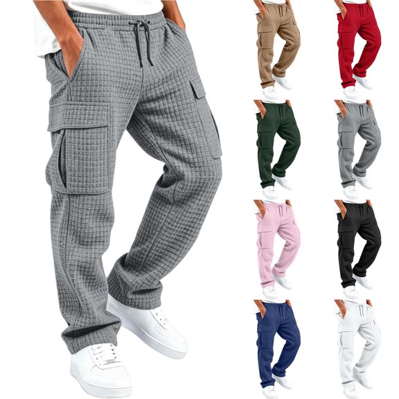 Nekdswn Boys Waffle Knit Pants Drawstring Waist Straight Leg Athletic Pants with Cargo Pockets Fall Fashion Casual Trousers for 5-15 Years