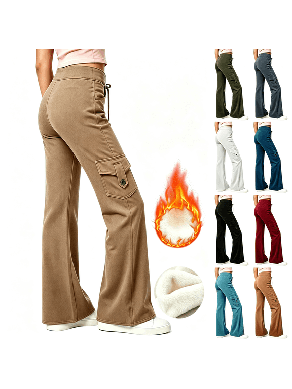 Girls Cargo Flare Pants Warm Fleece Lined Elastic Waistband Winter Trousers Fashion Drawstring Waist Bell Bottom Pants with Multi Pockets