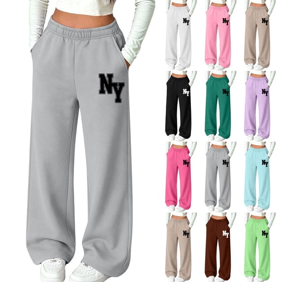Nekdswn Girls Sweatpants Kids Graphic Print Wide Leg Baggy Pants Teen Girl Winter Fleece Lined Warm School Sweat Trousers for 5-14 Yeras
