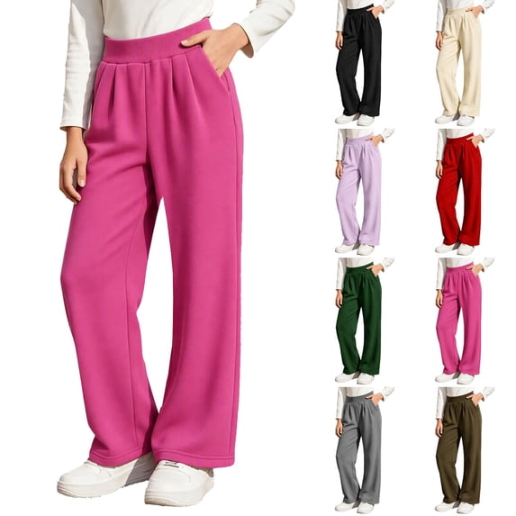 Nekdswn Girls Wide Leg Sweatpants Teen Fleece Lined Baggy Trousers Stretchy Open Bottom Pull on Slacks Kids Fall Athletic School Pants