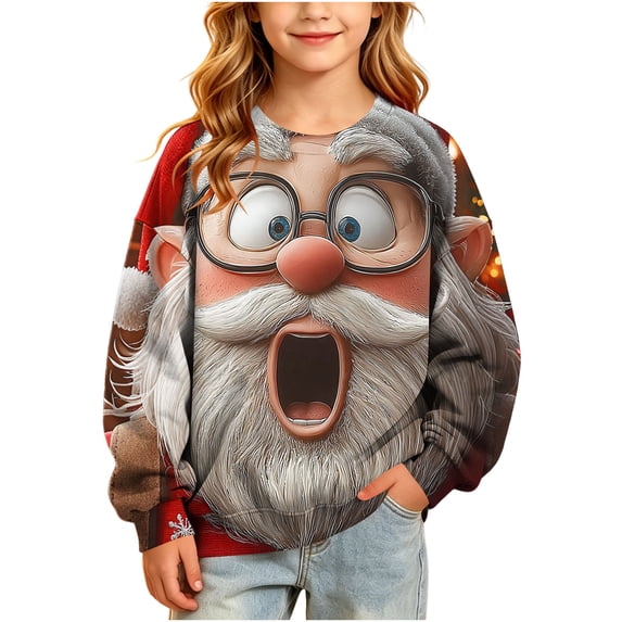 Nekdswn Kids Christmas Sweatshirt Ugly Xmas Santa Graphic Hooded Pullover Drop Shoulder Long Sleeve Top Warm Fleece Lined Winter Holiday